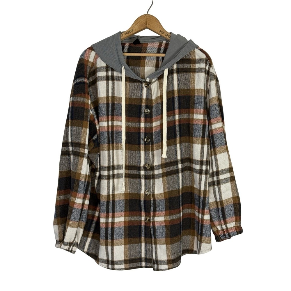 Shein Curve Flannel Shirt Jacket, (Shacket), Plaid navy & Brown Size 2X
